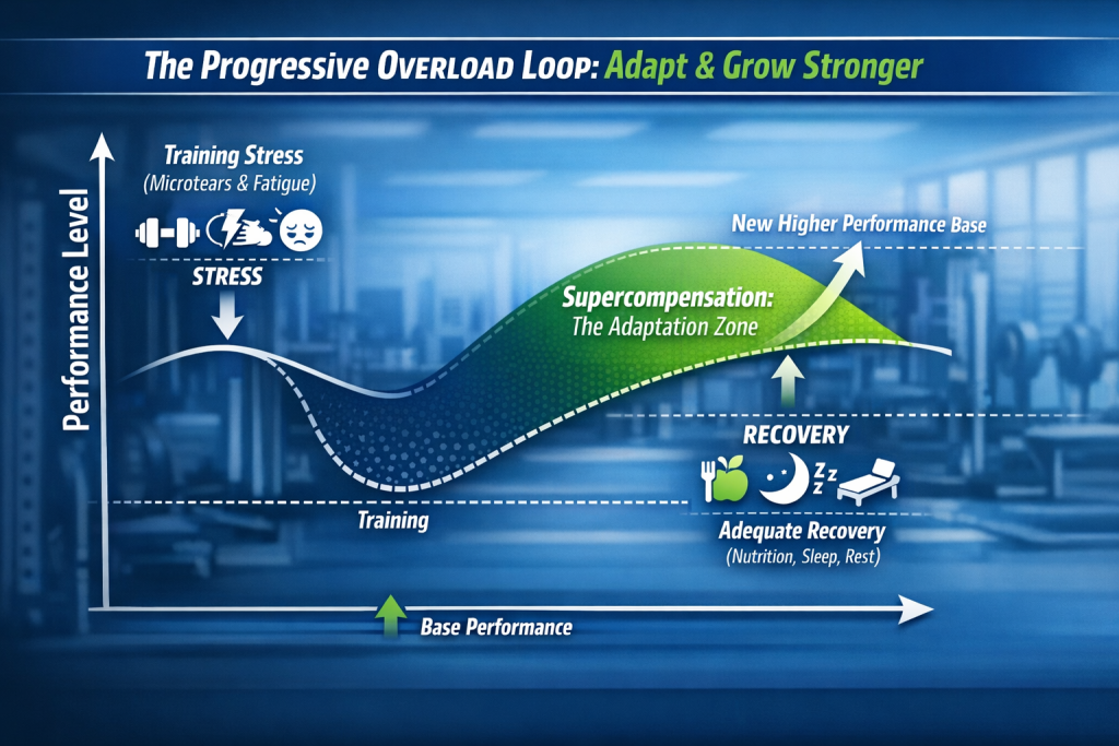 Infographic showing the relationship between training stress, recovery, and supercompensation for athletes in the GTA.
