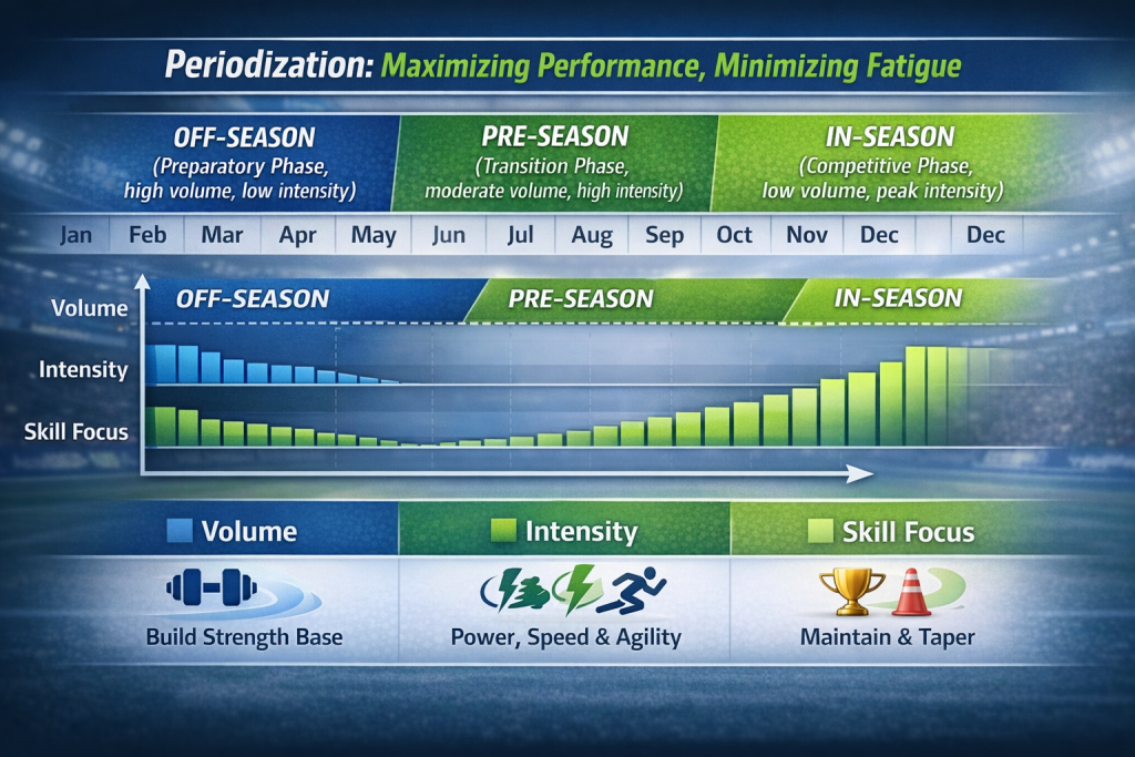 Annual periodization training chart for athletes showing off-season strength, pre-season power, and in-season maintenance phases.