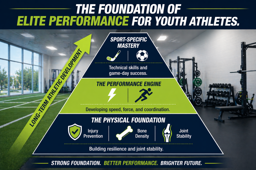 Youth athlete training infographic pyramid illustrating long-term athletic development, strength foundation, speed and power training, and sport-specific performance in a modern gym setting.