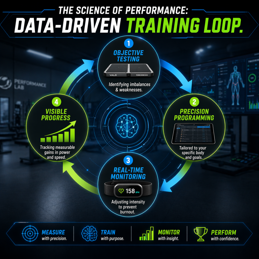 High-tech infographic illustrating a circular training loop with performance testing, customized programming, live monitoring, and progress tracking in a modern sports science lab.